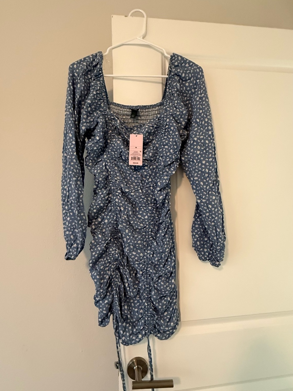 Blue Floral Ruffle-Front Long Sleeve Dress